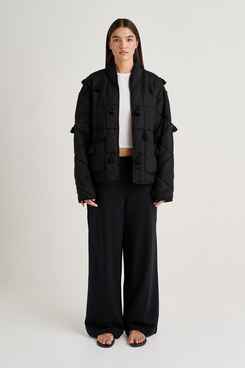 Womens Front Dromen Tassel Jacket wearing and pants on a white background