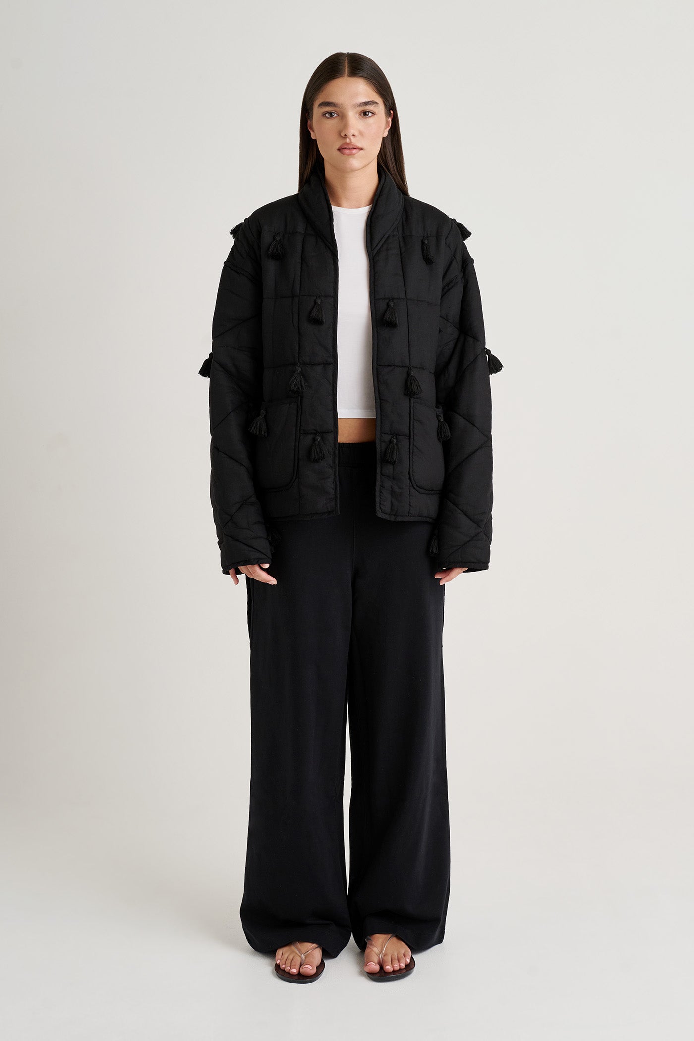 Womens Front Dromen Tassel Jacket wearing and pants on a white background