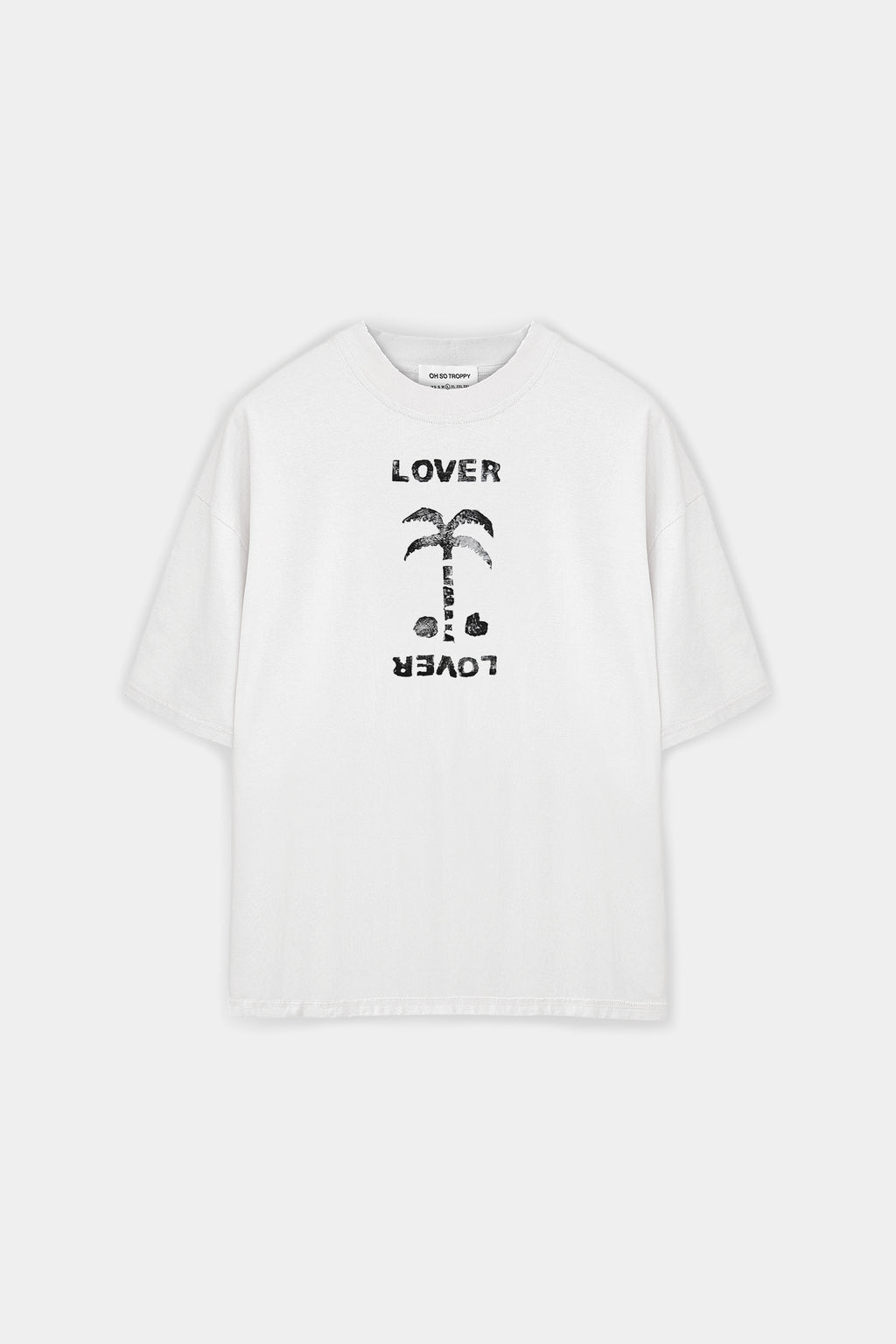 A white short-sleeve crewneck t-shirt with a black graphic print on the front featuring a palm tree and the word 'LOVER' printed upside down, shown against a light gray background.