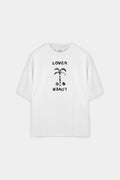A white short-sleeve crewneck t-shirt with a black graphic print on the front featuring a palm tree and the word 'LOVER' printed upside down, shown against a light gray background.