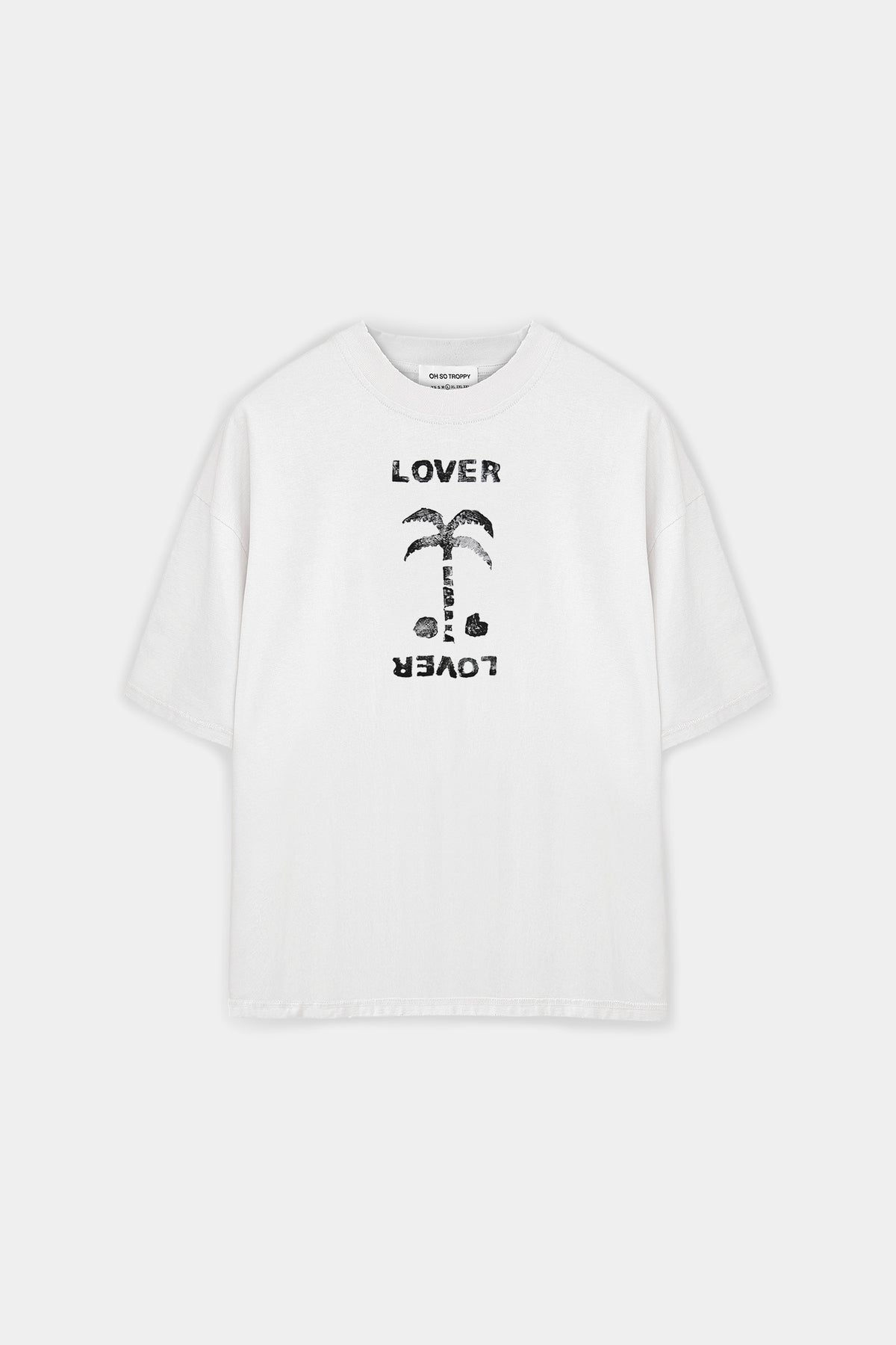 A white short-sleeve crewneck t-shirt with a black graphic print on the front featuring a palm tree and the word 'LOVER' printed upside down, shown against a light gray background.
