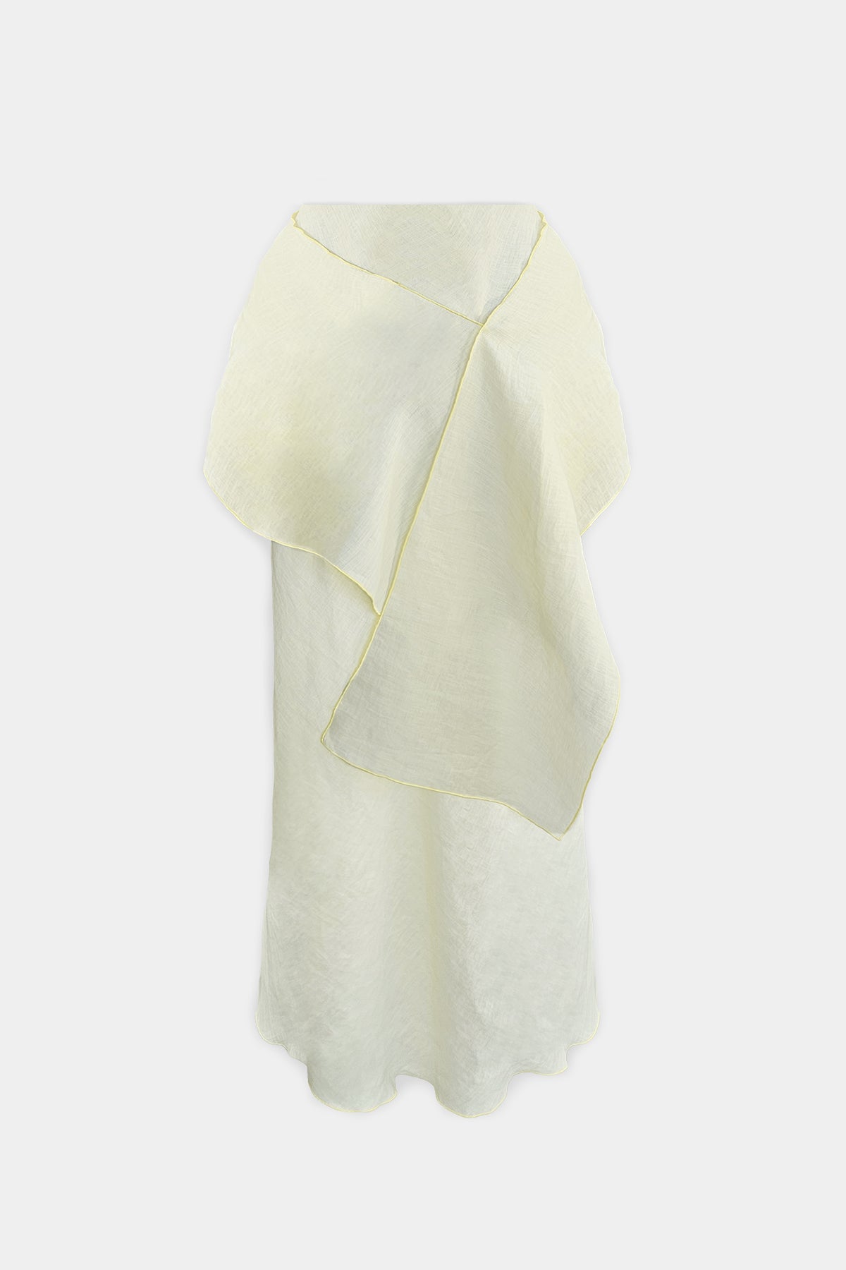 A pale lemon-colored, skirt with wrap, displayed against a solid gray background.