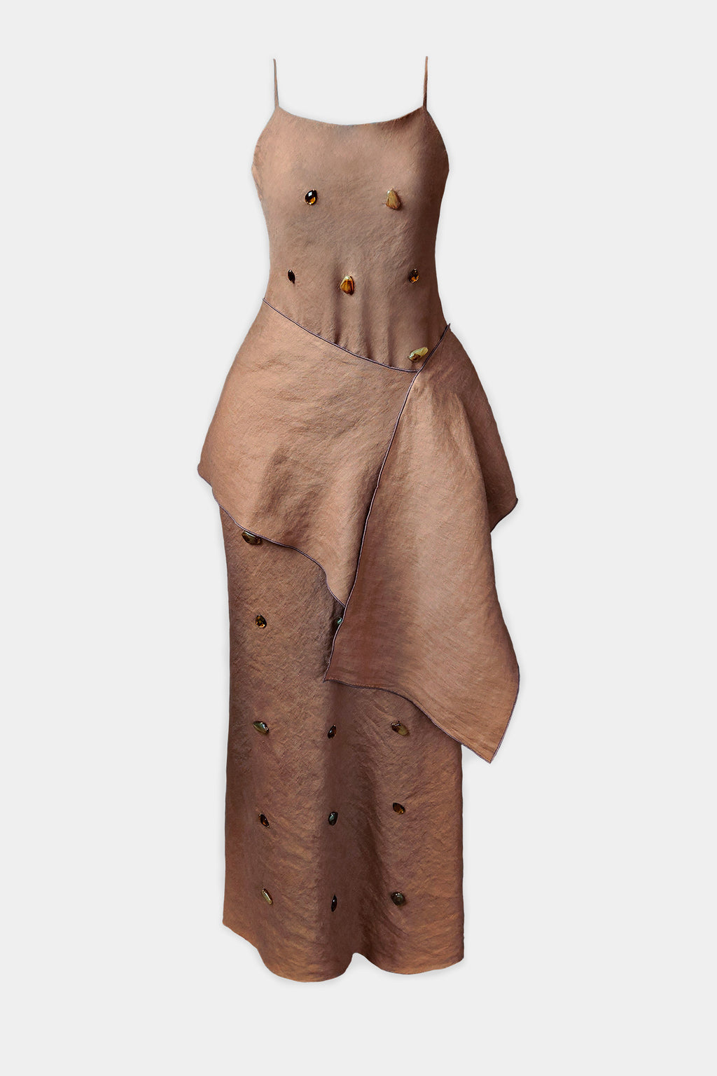 A sleeveless, maxi dress in a brown linen fabric, featuring thin spaghetti straps, a structured bodice with decorative gems and stones, and a draped waist wrap.