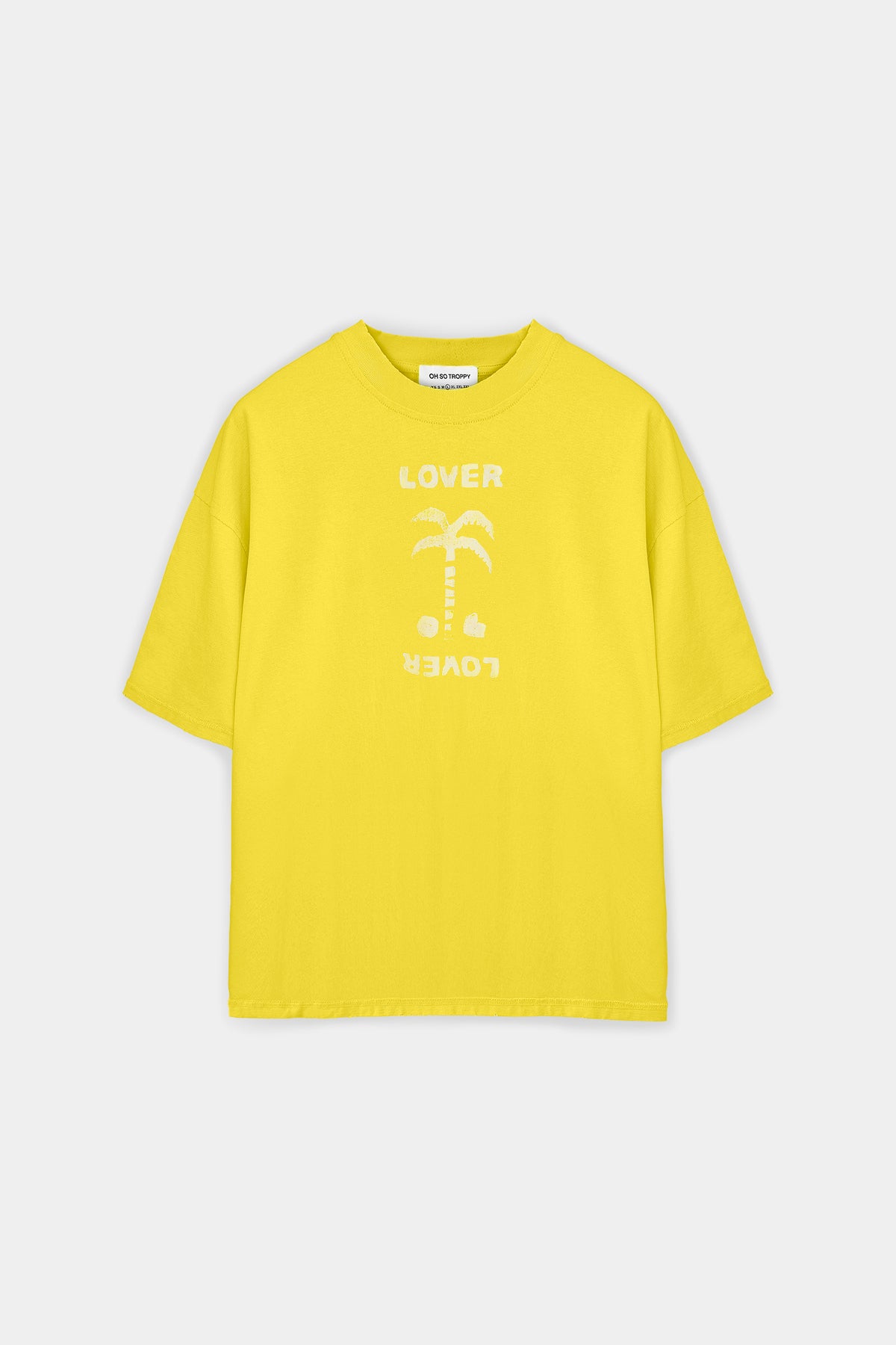 A bright yellow short-sleeve t-shirt with a white graphic print on the front featuring the word 'LOVER' and a stylized palm tree, displayed flat against a light gray background.