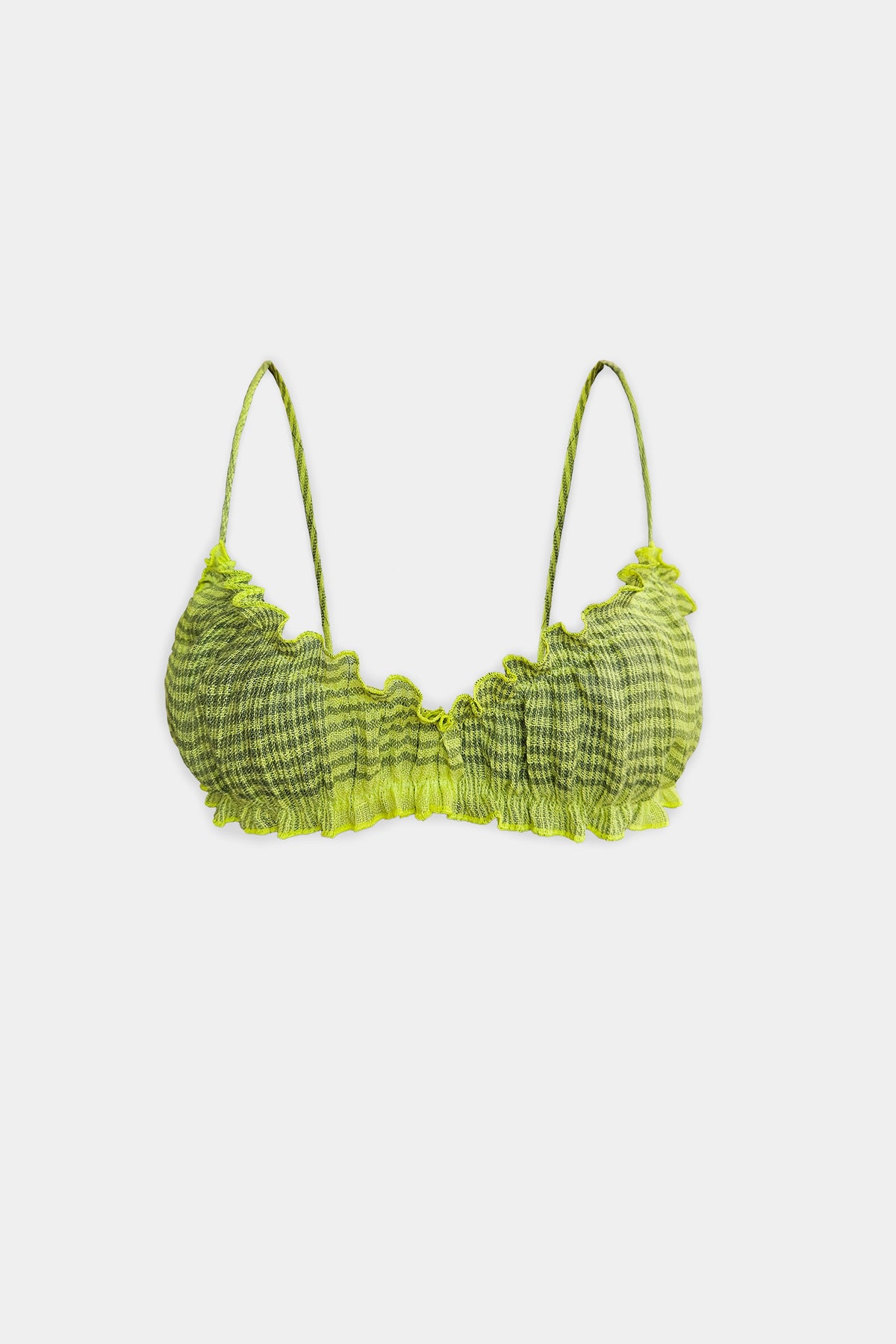 A citrus green and khaki patterned bralette top with thin shoulder straps and ruffled trim, displayed against a solid light gray background.